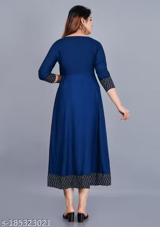 Trendy Women's Solid Printed Round Flared Kurti (Navy Blue)