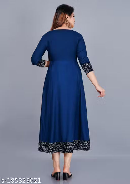 Trendy Women's Solid Printed Round Flared Kurti (Navy Blue)