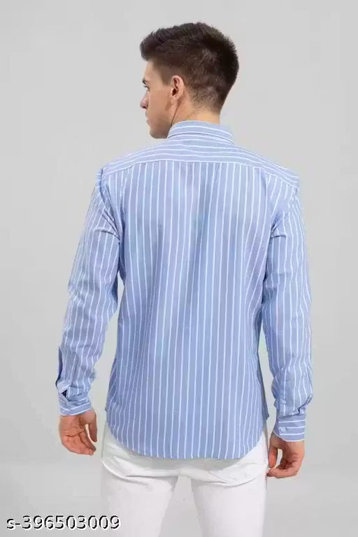 Men's Sky Blue Vertical Striped Cotton Casual Shirt | Regular Fit