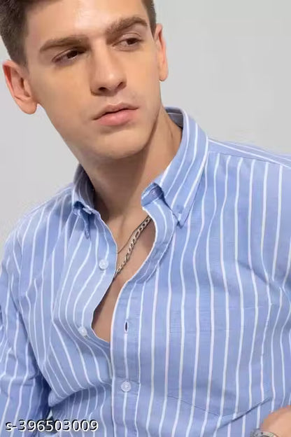 Men's Sky Blue Vertical Striped Cotton Casual Shirt | Regular Fit