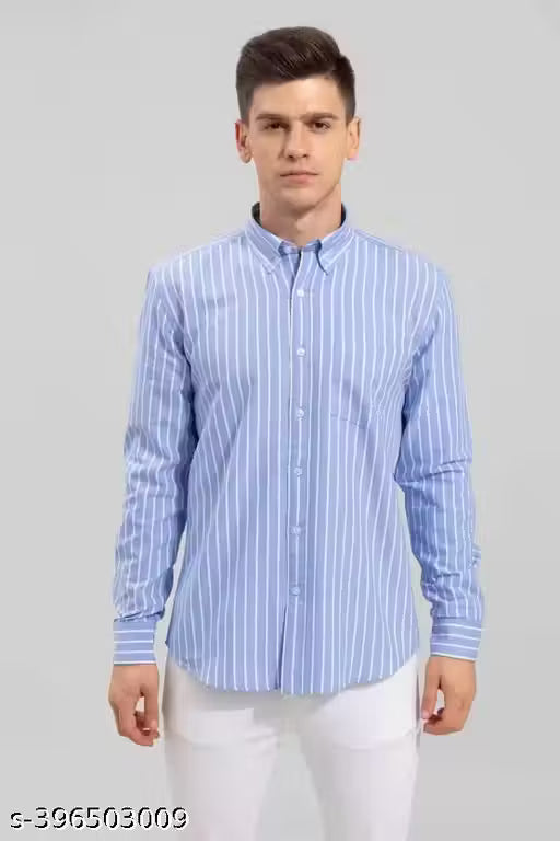 Men's Sky Blue Vertical Striped Cotton Casual Shirt | Regular Fit