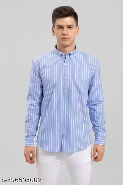 Men's Sky Blue Vertical Striped Cotton Casual Shirt | Regular Fit